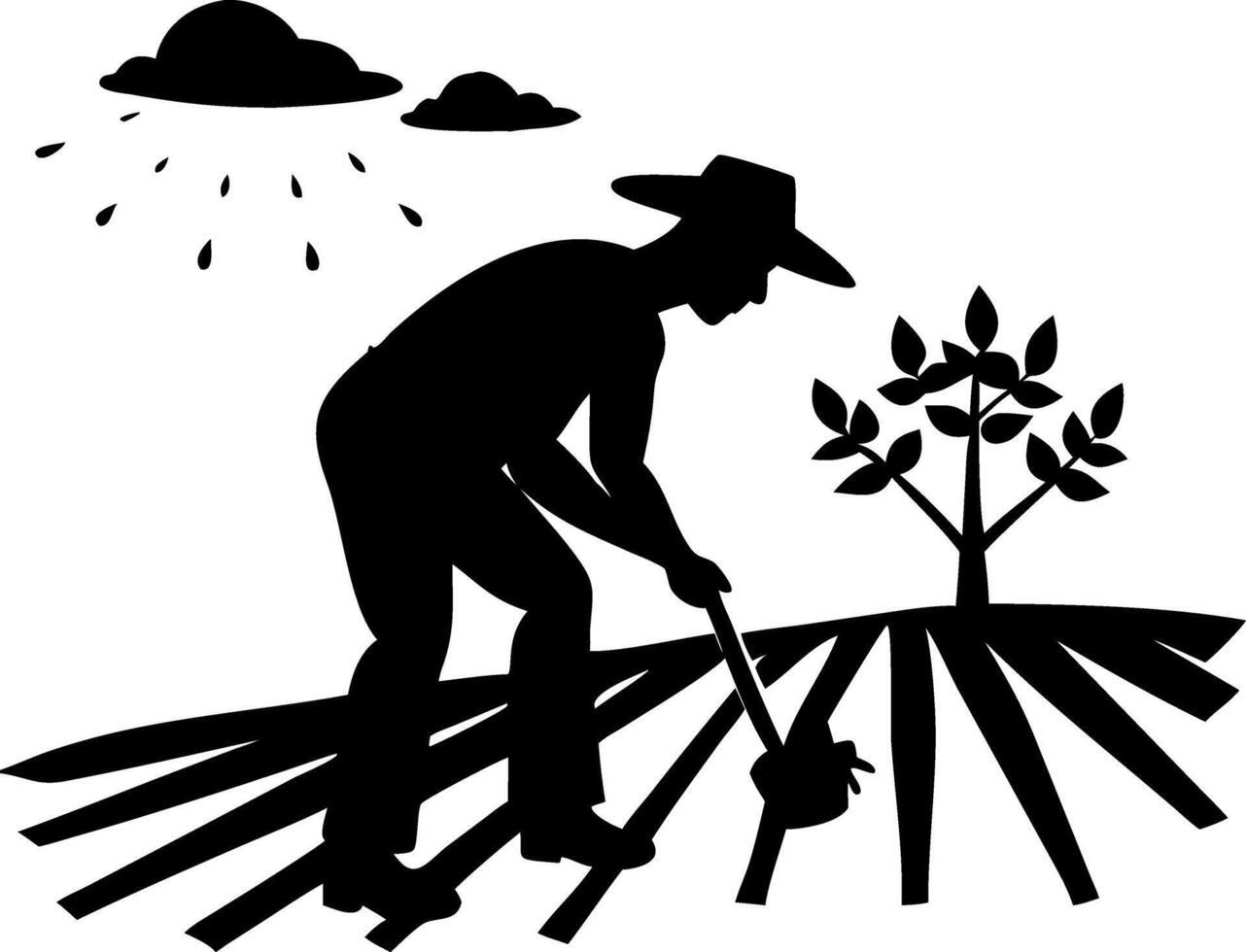 Farmer Hoeing Field Silhouette Under Cloudy Sky Agriculture Illustration vector