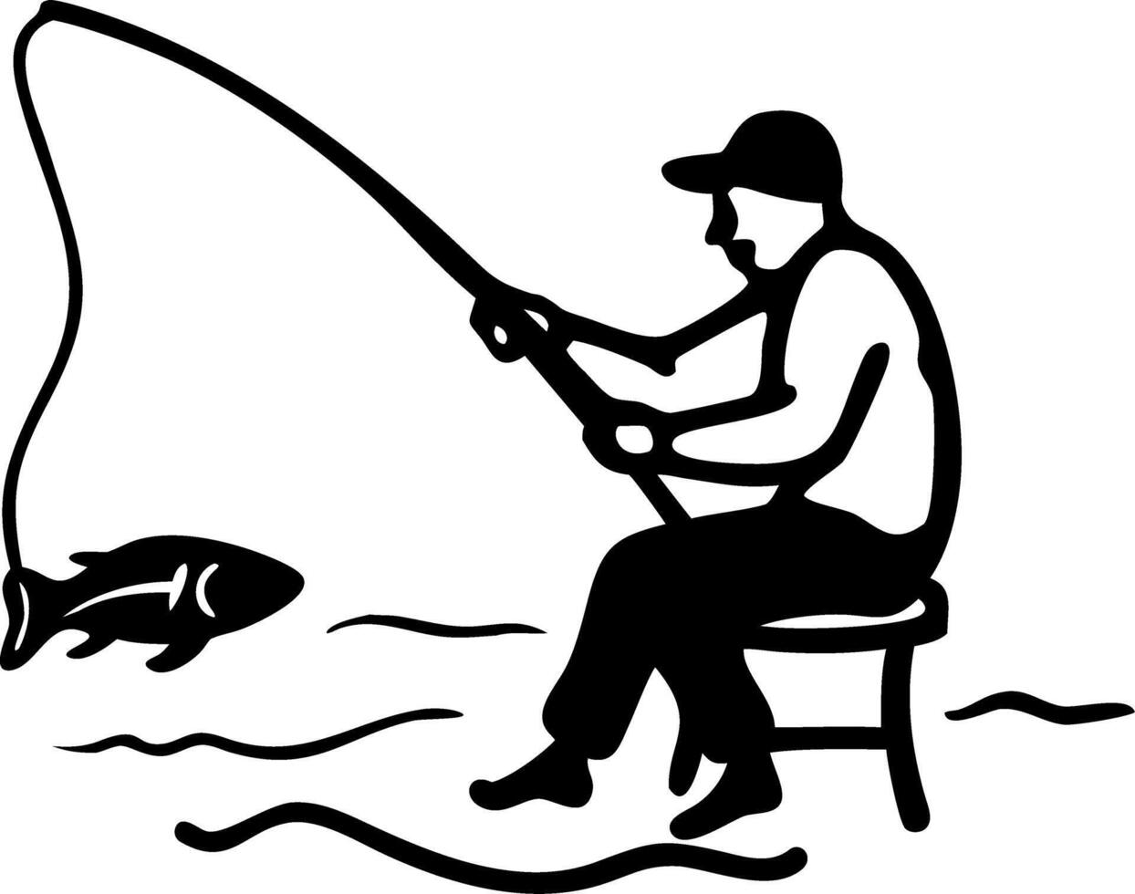 Fisherman Silhouette with Rod and Fish for Recreation and Outdoor Activities vector