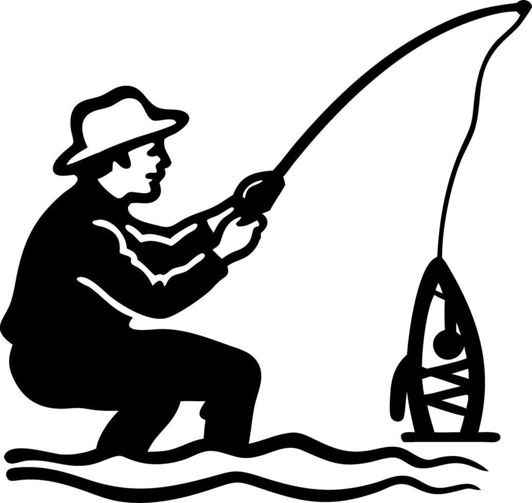 Fisherman Silhouette Catching Fish Illustration for Logo or Sticker Design vector