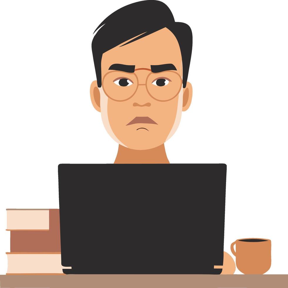 Focused Man Working on Laptop with Books and Coffee Illustration vector