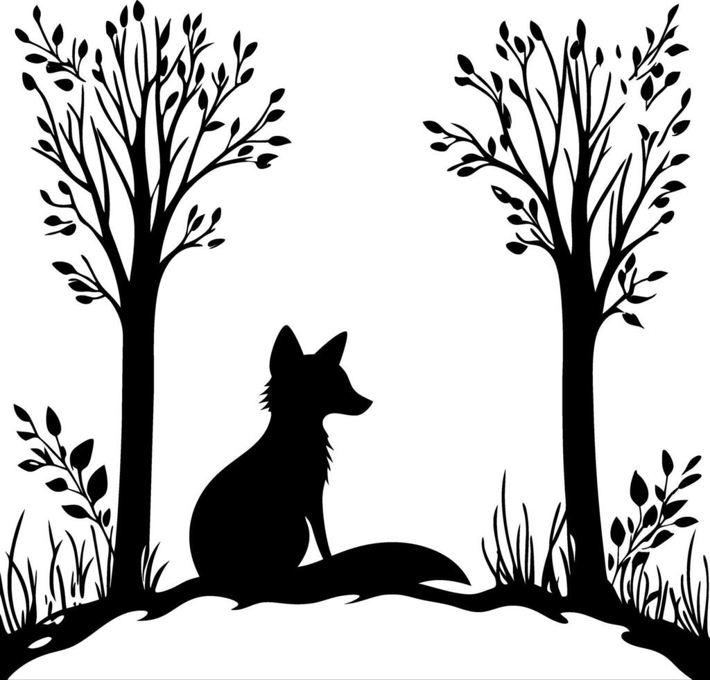Fox Silhouette in Forest Scene Art for Tattoos and Nature Designs vector