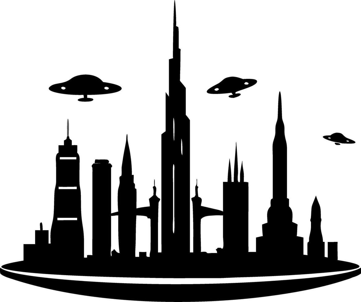 Futuristic Cityscape with UFOs Silhouette Perfect for Sci-Fi Artwork and Posters vector
