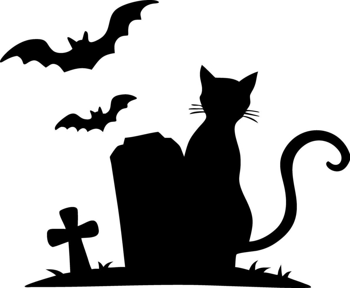 Halloween Cat Silhouette with Bats and Gravestone Art vector