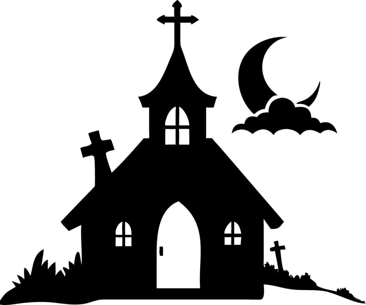 Haunted Church Silhouette with Crescent Moon Gothic Illustration vector