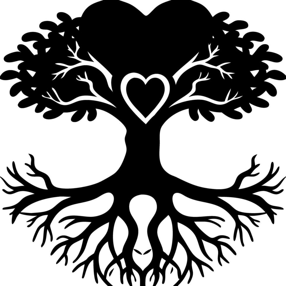 Heart Shaped Tree of Life Silhouette with Roots and Branches for Tattoos and Designs vector