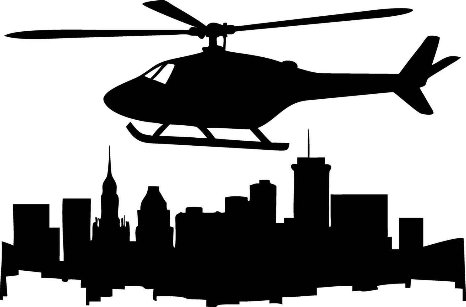 Helicopter Flying Over City Skyline Silhouette for Graphic Design and Tattoo Use vector