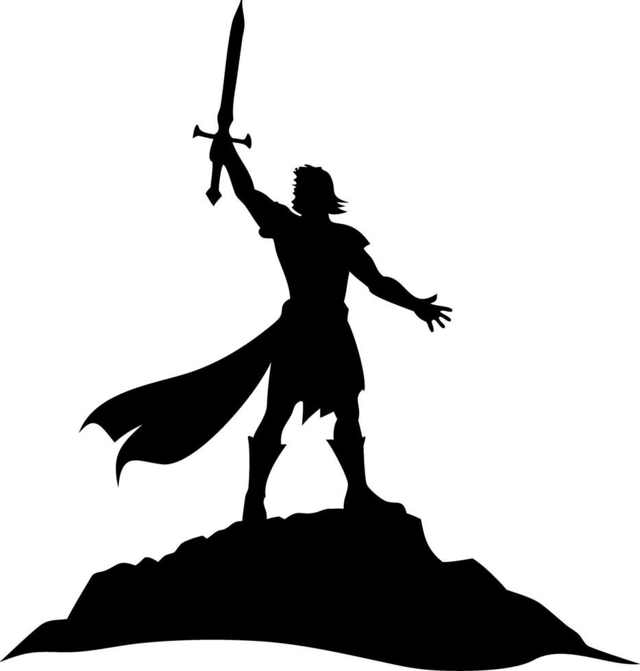 Heroic Knight Silhouette Raising Sword on Cliff Illustration vector