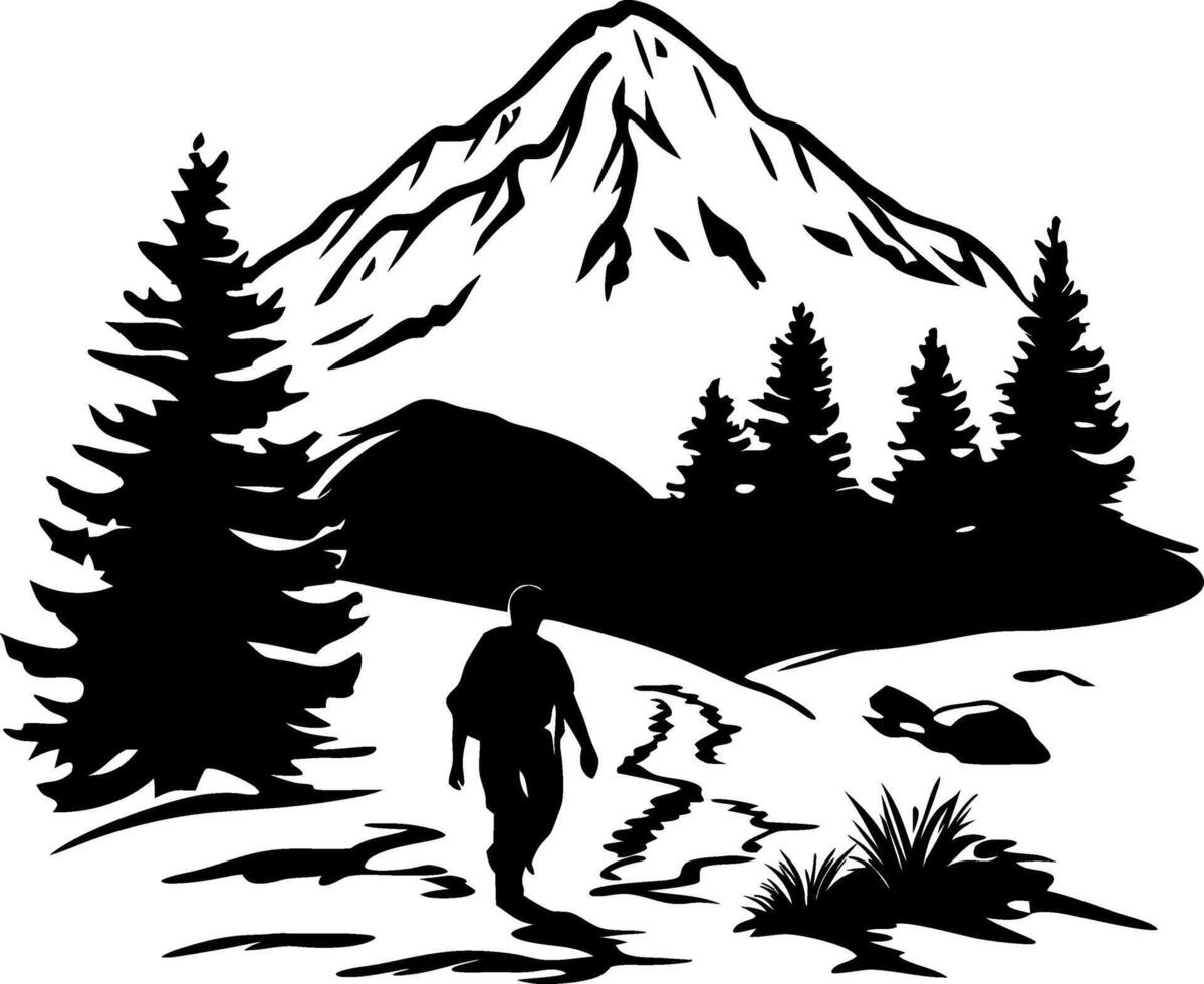 Hiker Silhouette in Scenic Mountain Landscape for Outdoor Adventure Design vector