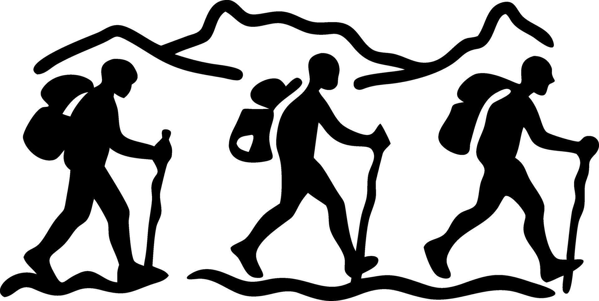 Hiking Adventure Illustration Silhouette of Backpackers in Mountain Landscape vector