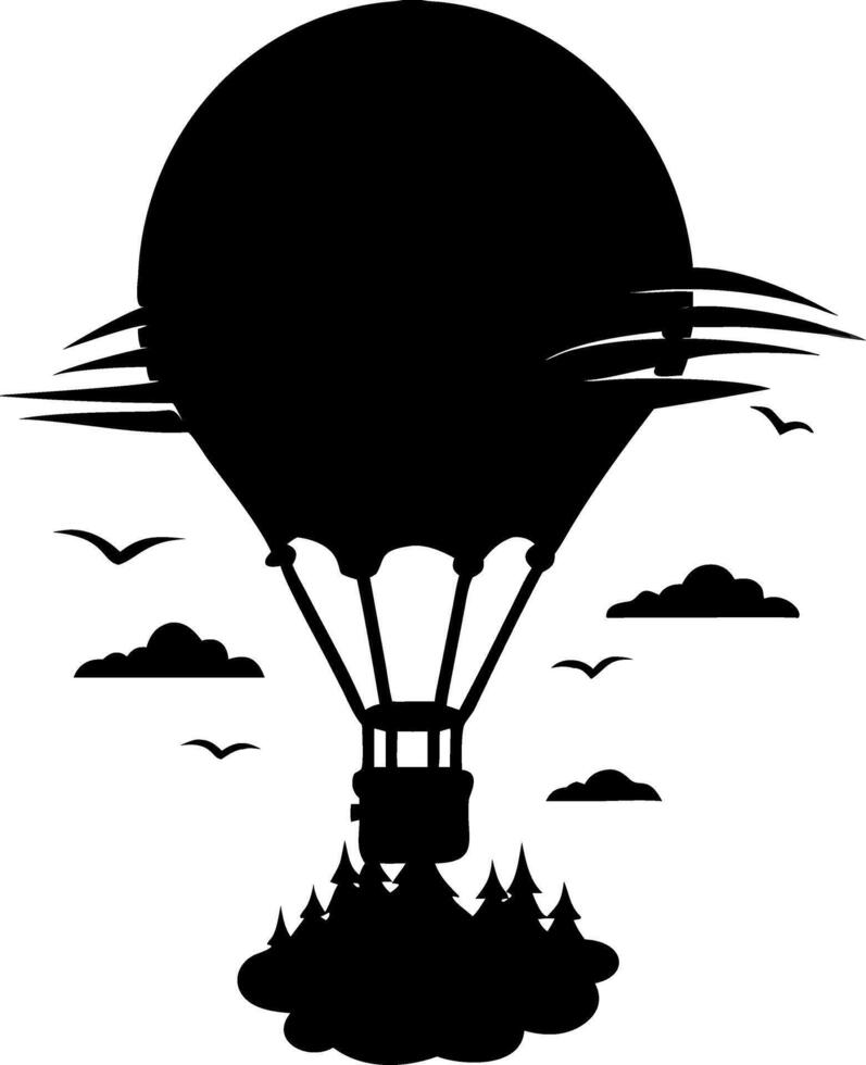 Hot Air Balloon Silhouette Above Forest with Birds and Clouds Art vector