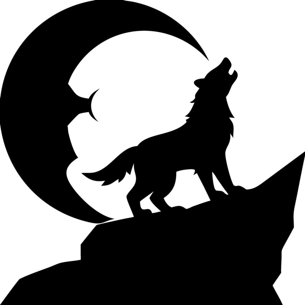 Howling Wolf Silhouette Against Crescent Moon for Tattoo Design and Nature Illustrations vector