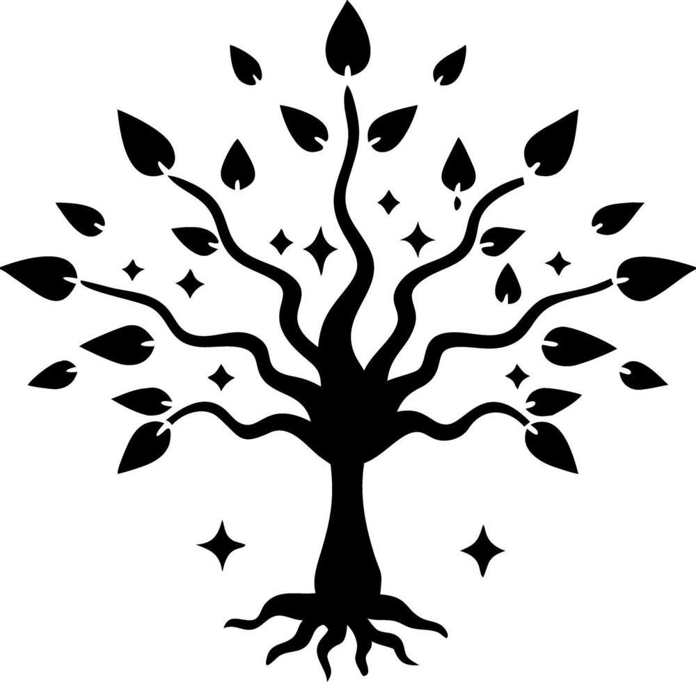 Intricate Black Silhouette Tree with Leaves and Stars Illustration vector