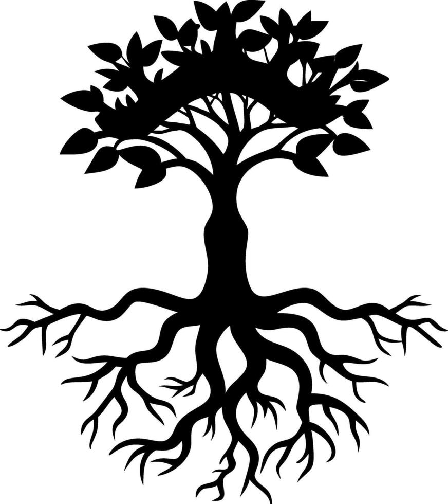 Intricate Tree Silhouette with Roots and Leaves for Nature Art and Tattoo Designs vector