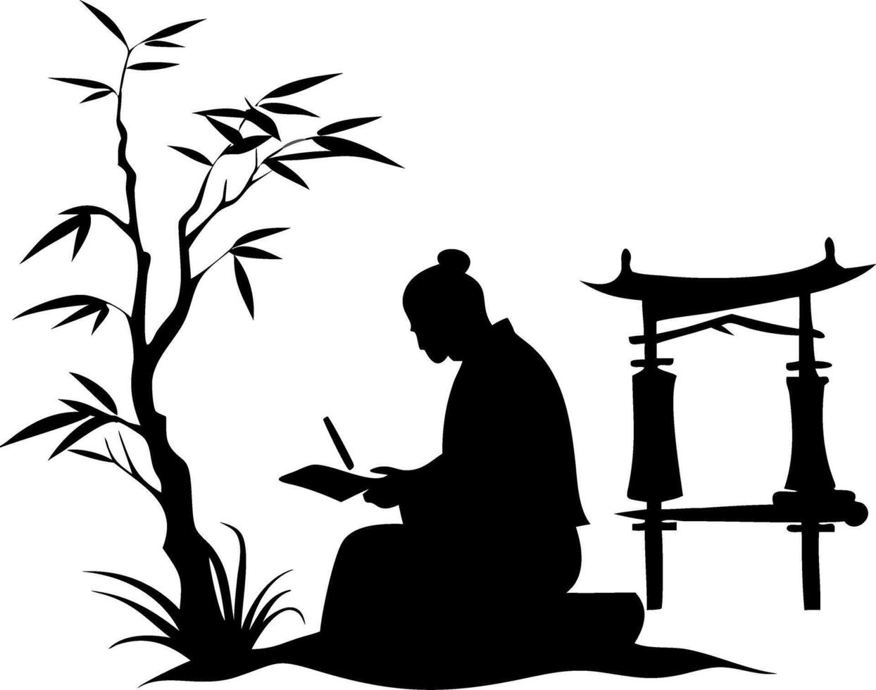 Japanese Samurai Silhouette Writing Under Bamboo Tree with Torii Gate Art vector