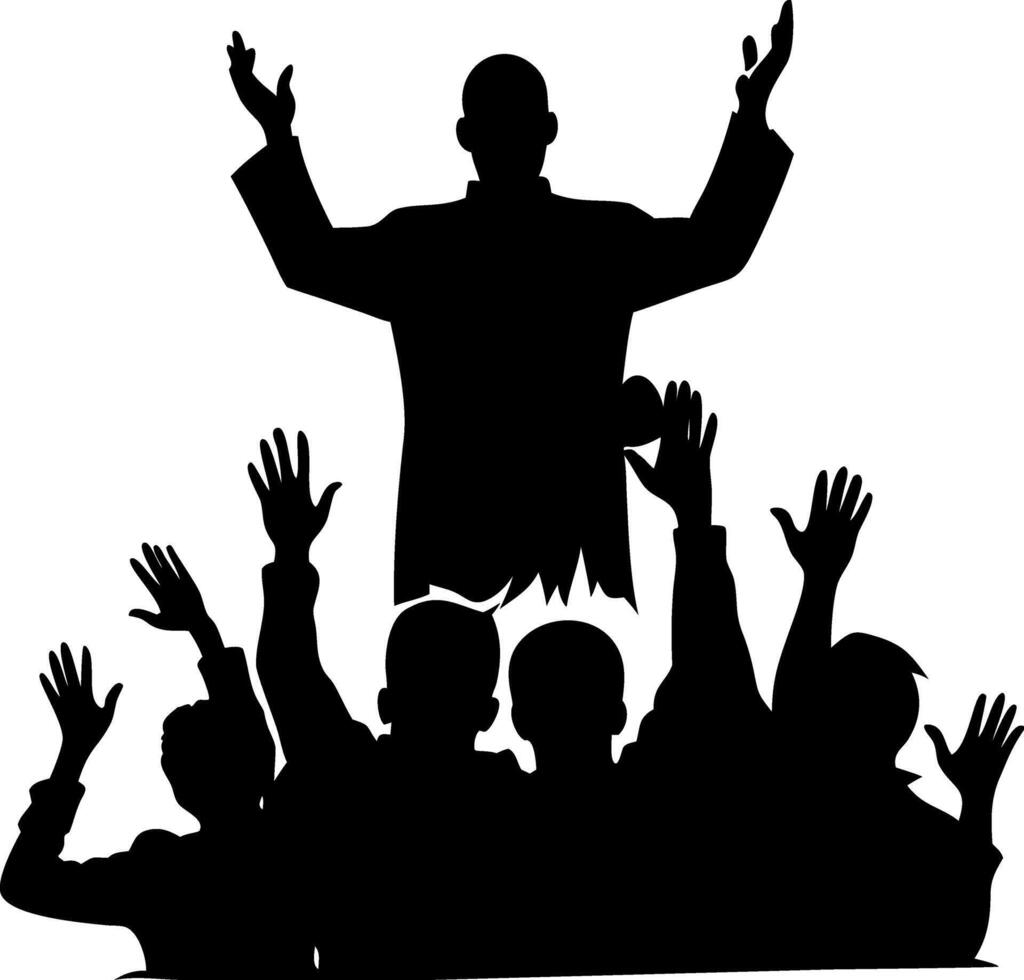 Leader Silhouette Inspiring Crowd with Raised Hands Illustration vector