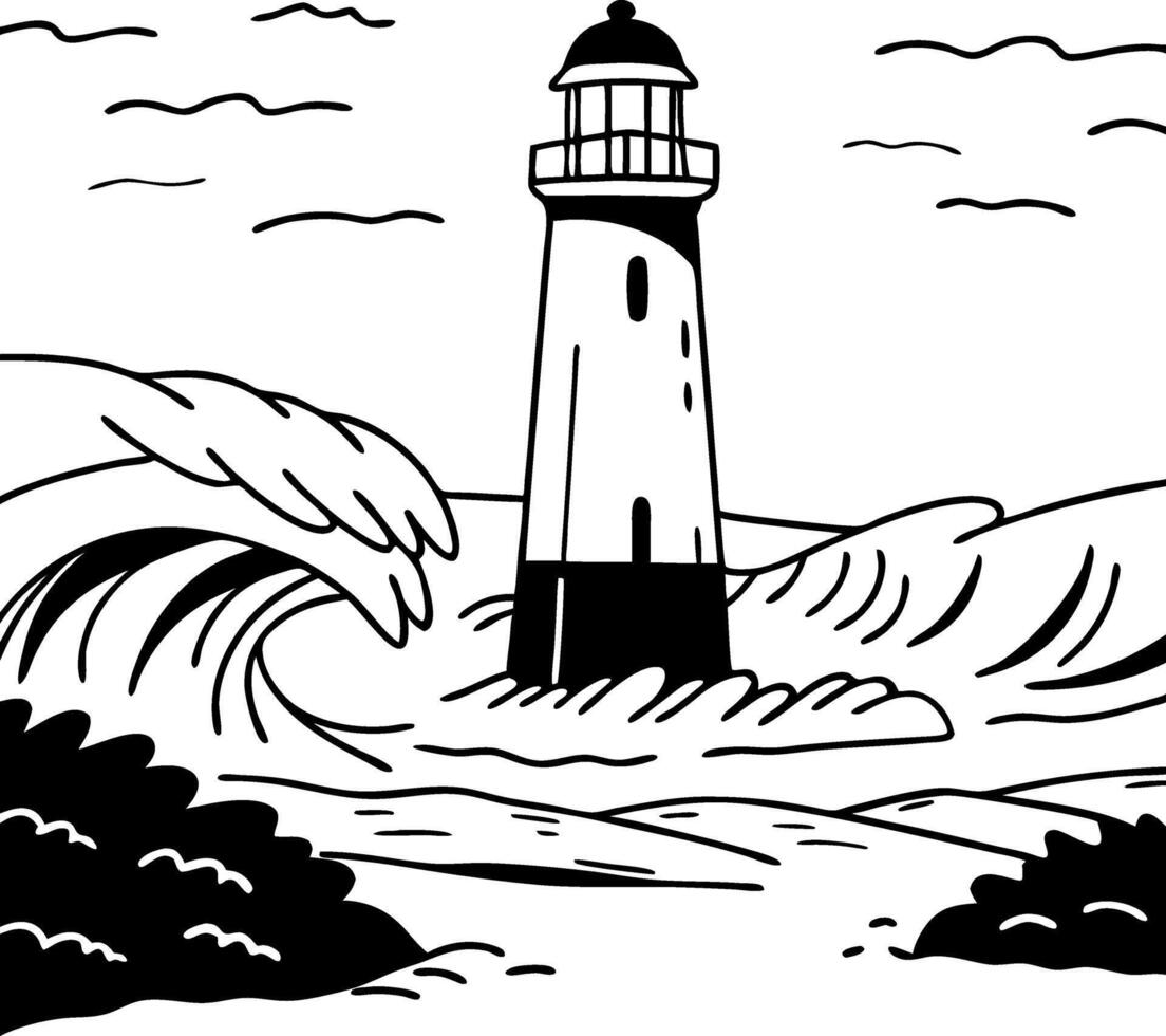 Lighthouse Amidst Ocean Waves Illustration for Design and Art Projects vector