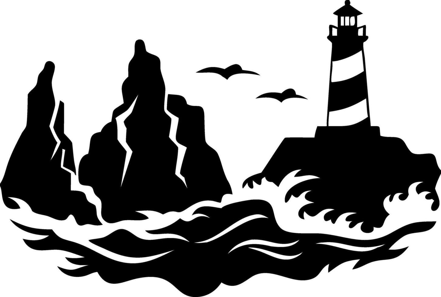 Lighthouse and Rocky Coastline Silhouette with Birds and Ocean Waves vector