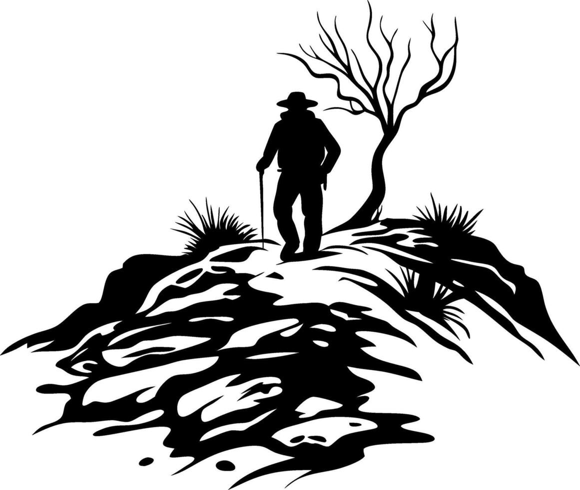 Lone Hiker Silhouette on Rocky Landscape Desert Adventure Illustration vector