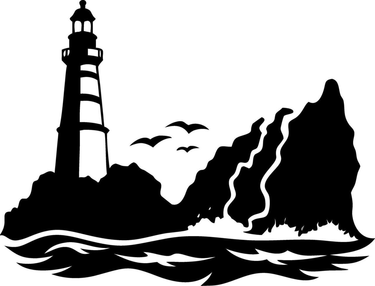 Lighthouse Coastal Cliff Silhouette with Birds Art for Nautical Designs vector