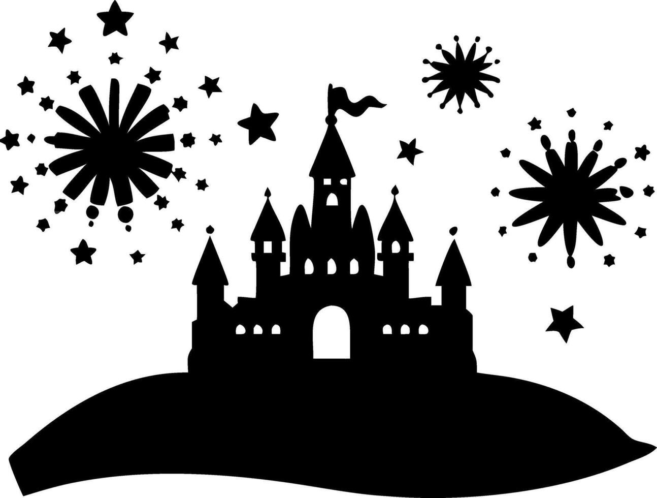 Magical Castle Silhouette with Fireworks Night Sky Art vector