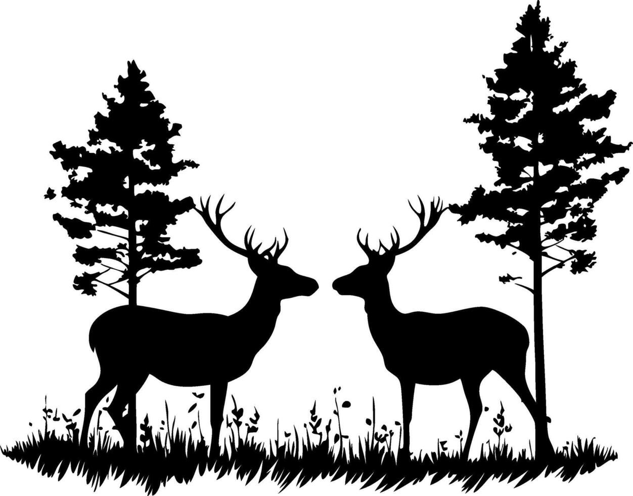Majestic Deer Silhouette in Forest with Pine Trees Wildlife Art vector