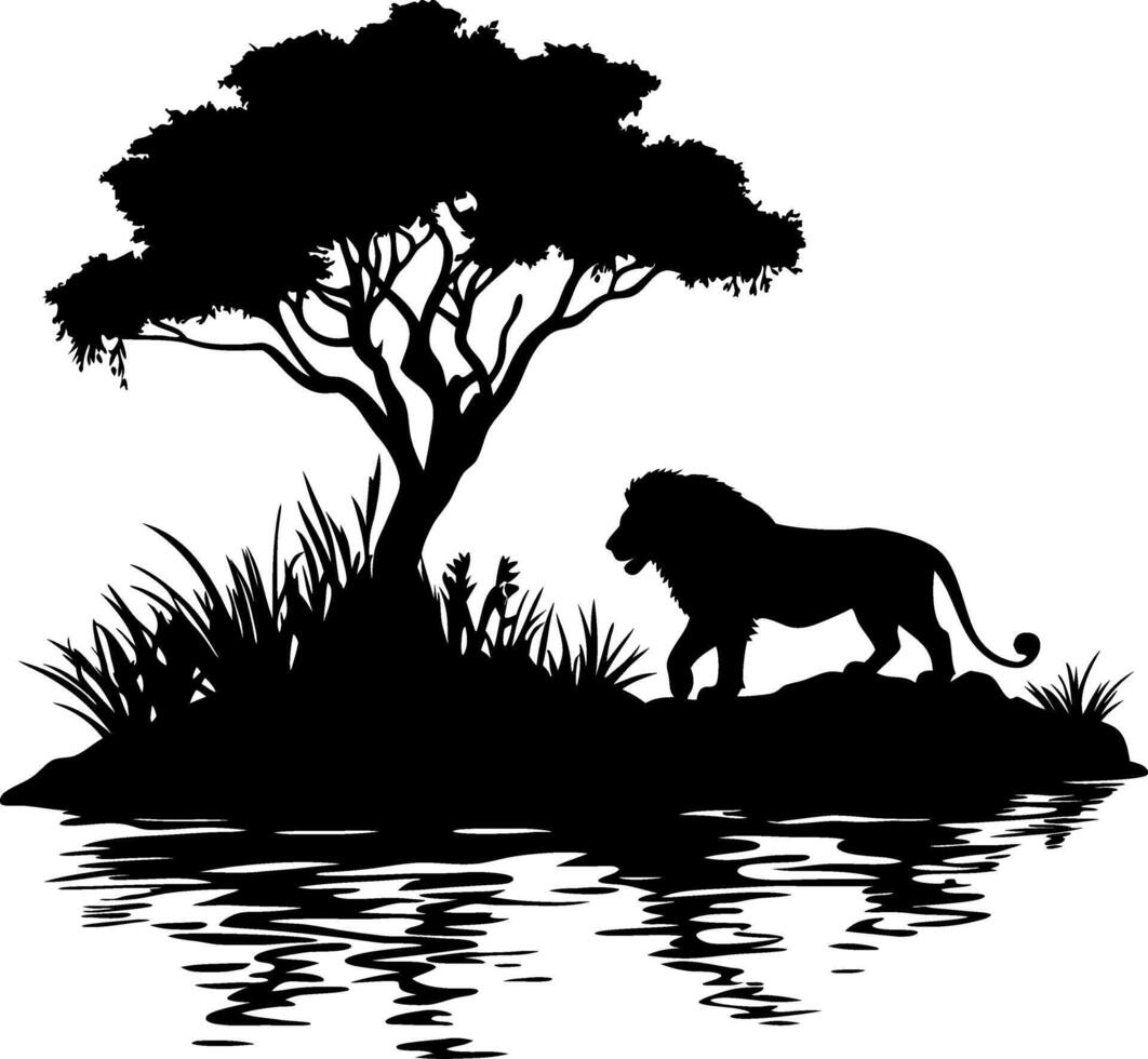 Majestic Lion Silhouette by Tree and Water in African Savannah Art vector