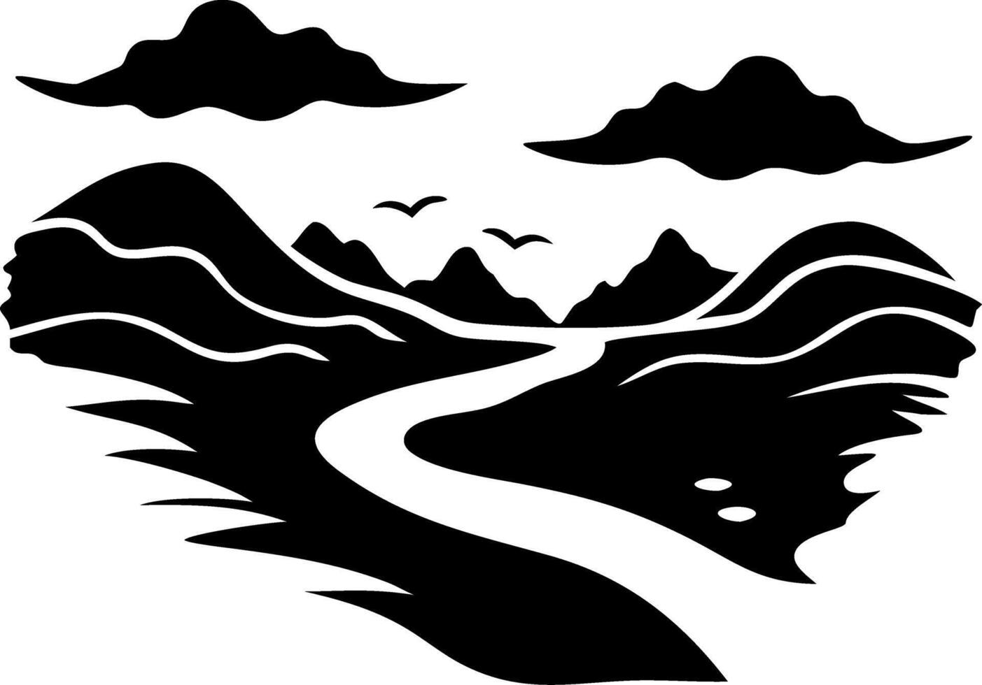Majestic Mountain Landscape Silhouette with Flight of Birds and Winding River vector