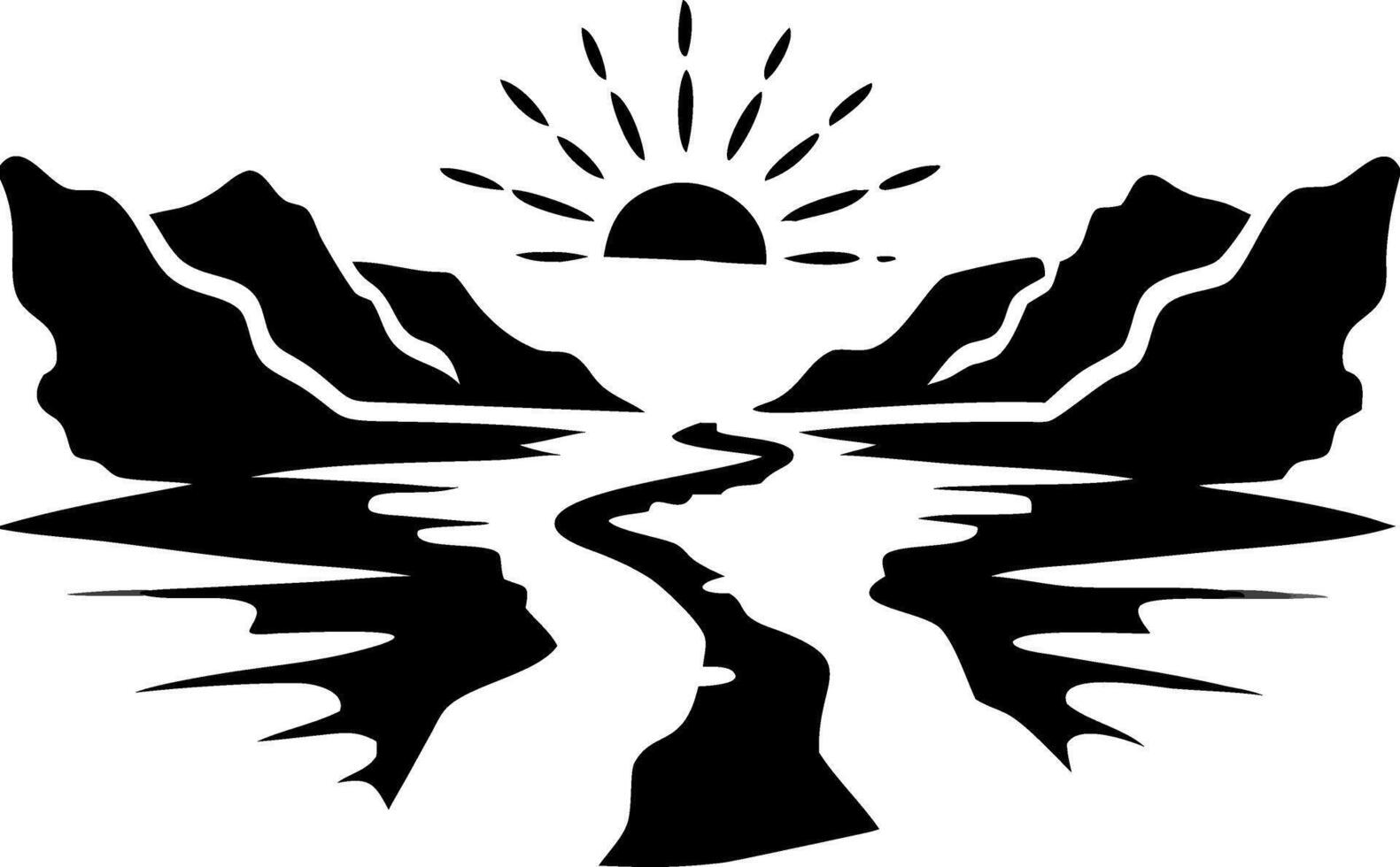 Majestic Mountain Landscape with River and Rising Sun Illustration vector