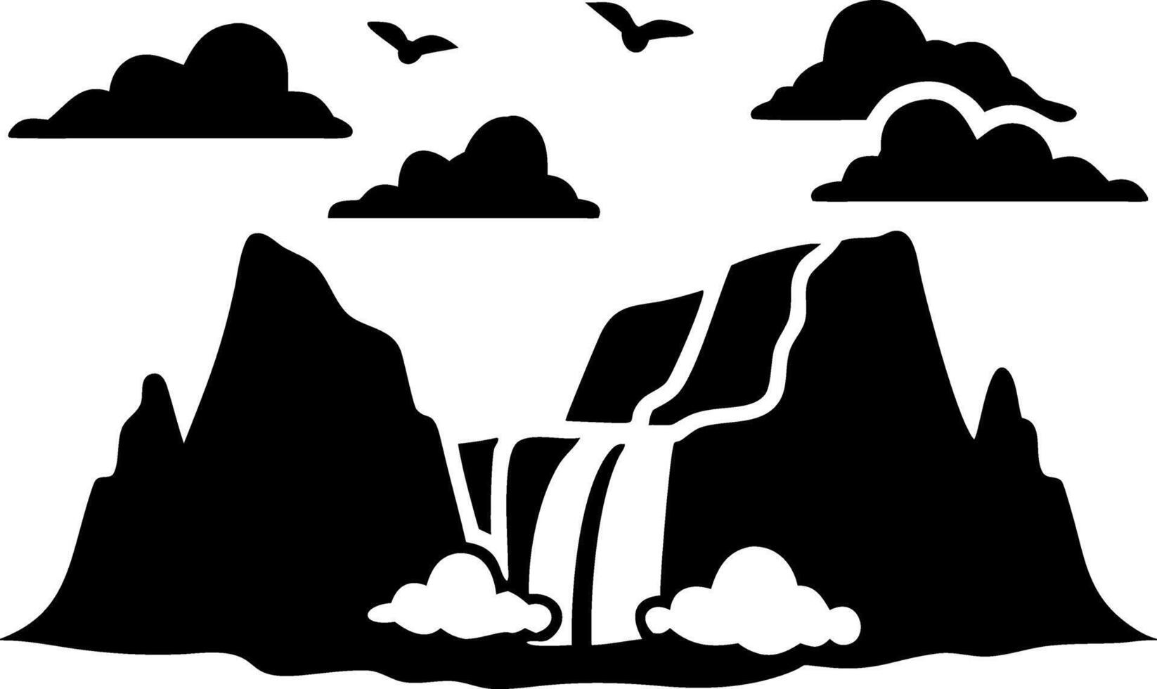Majestic Mountains and Waterfall Silhouette with Clouds Art for Tattoos and Design vector