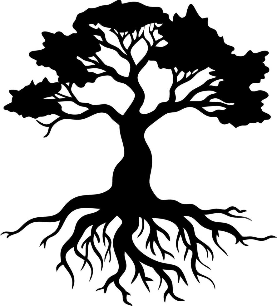 Majestic Tree Silhouette with Roots for Tattoo or Logo Design Art vector
