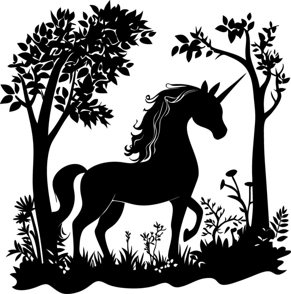Majestic Unicorn Silhouette in Enchanted Forest Illustration vector