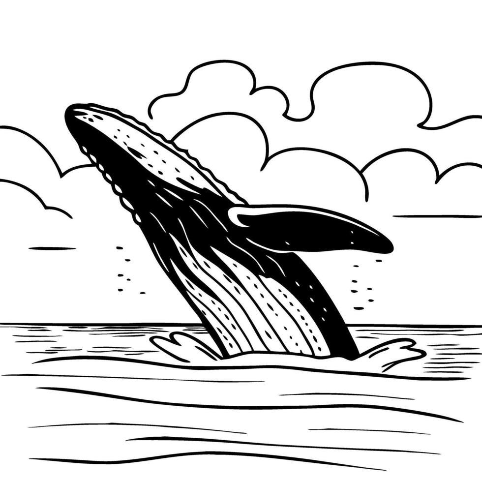 Majestic Whale Breaching Ocean Design for Tattoo and Coloring Book Art vector