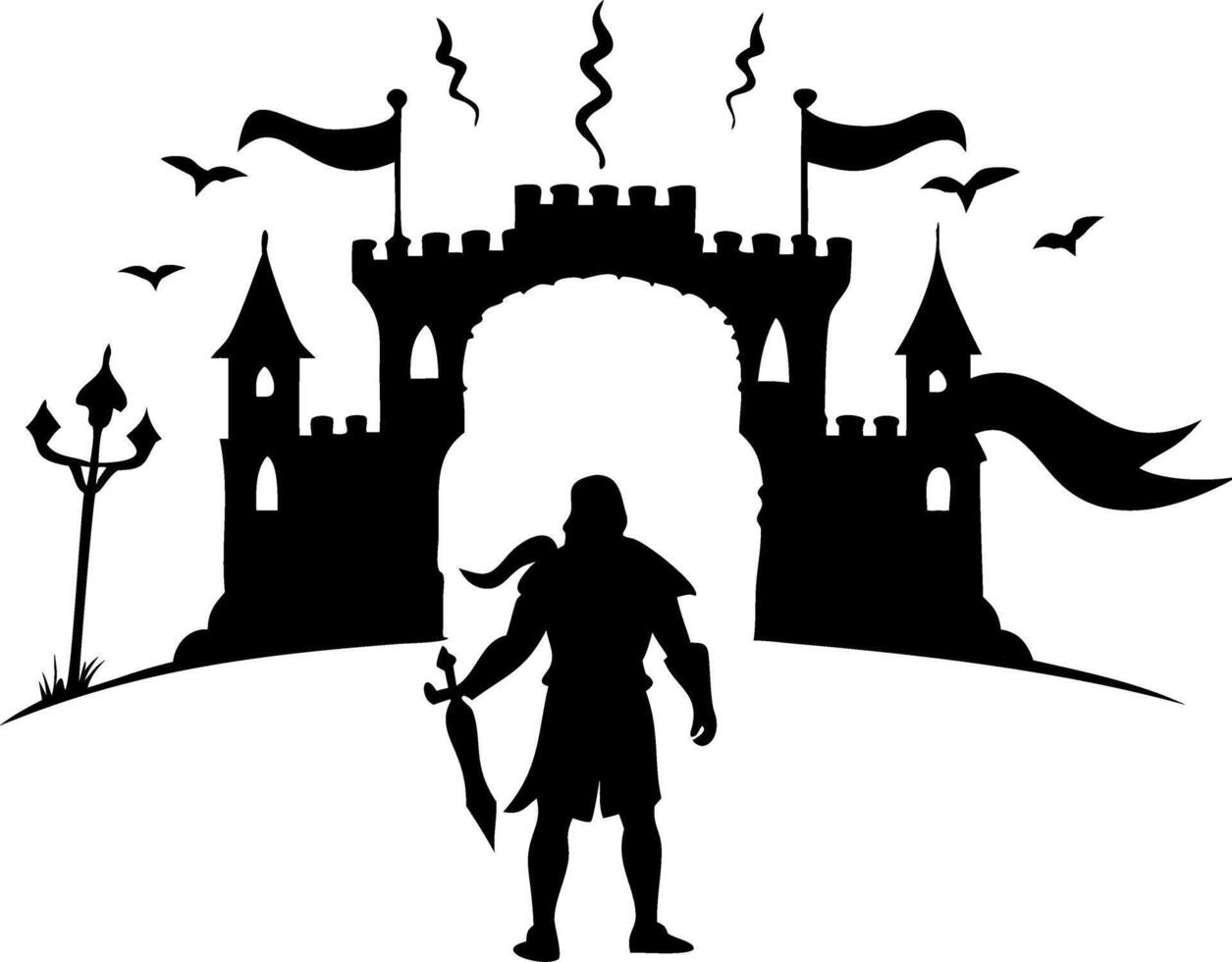 Medieval Castle Silhouette with Warrior Ideal for Fantasy Themes and Tattoo Designs vector