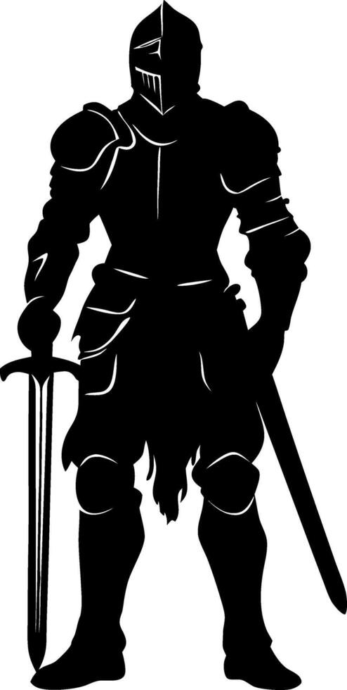 Medieval Knight Silhouette in Armor Holding Sword Illustration vector