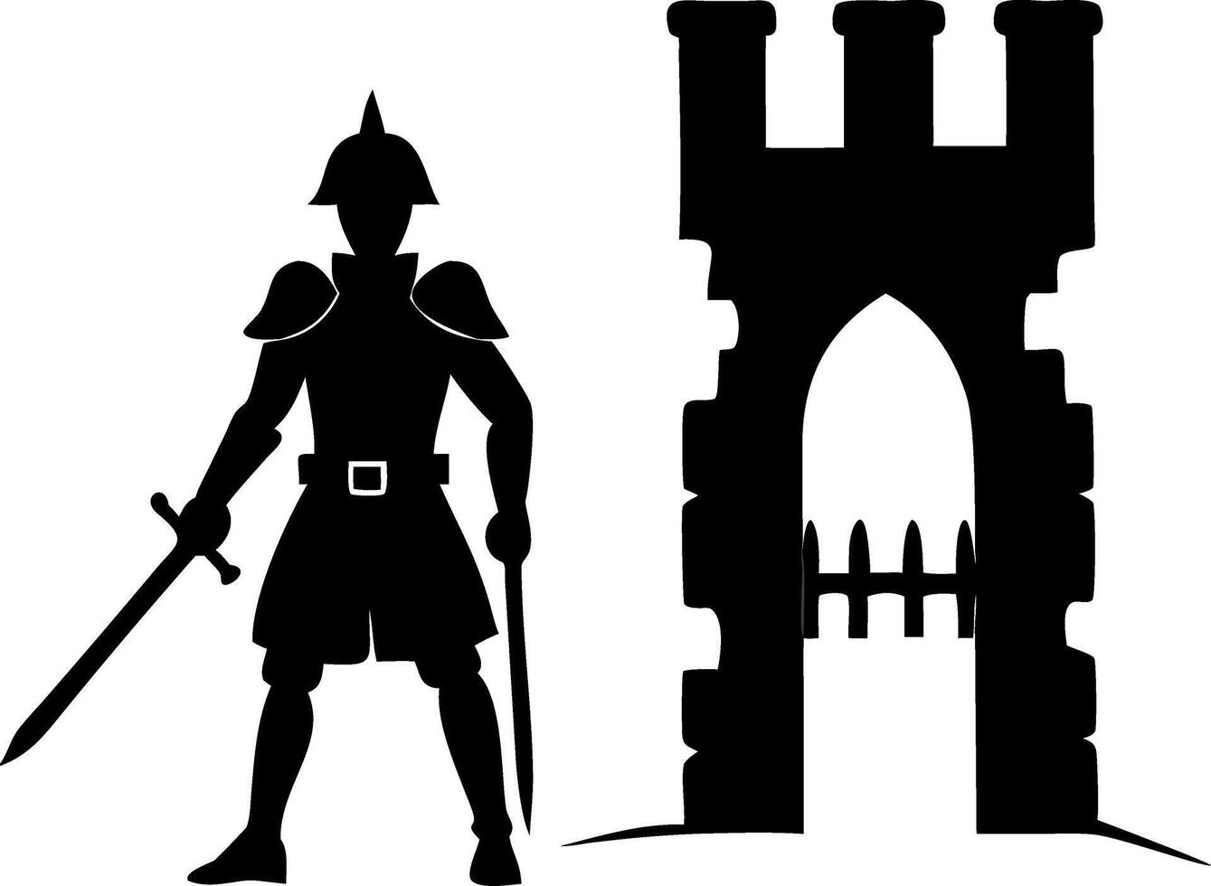Medieval Knight Silhouette with Castle Gate Illustration for Fantasy Design vector