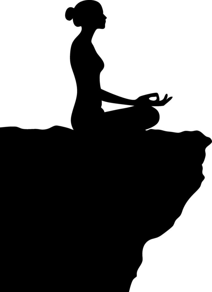 Meditation Silhouette Woman Practicing Yoga on Cliff Peaceful Serenity Illustration vector