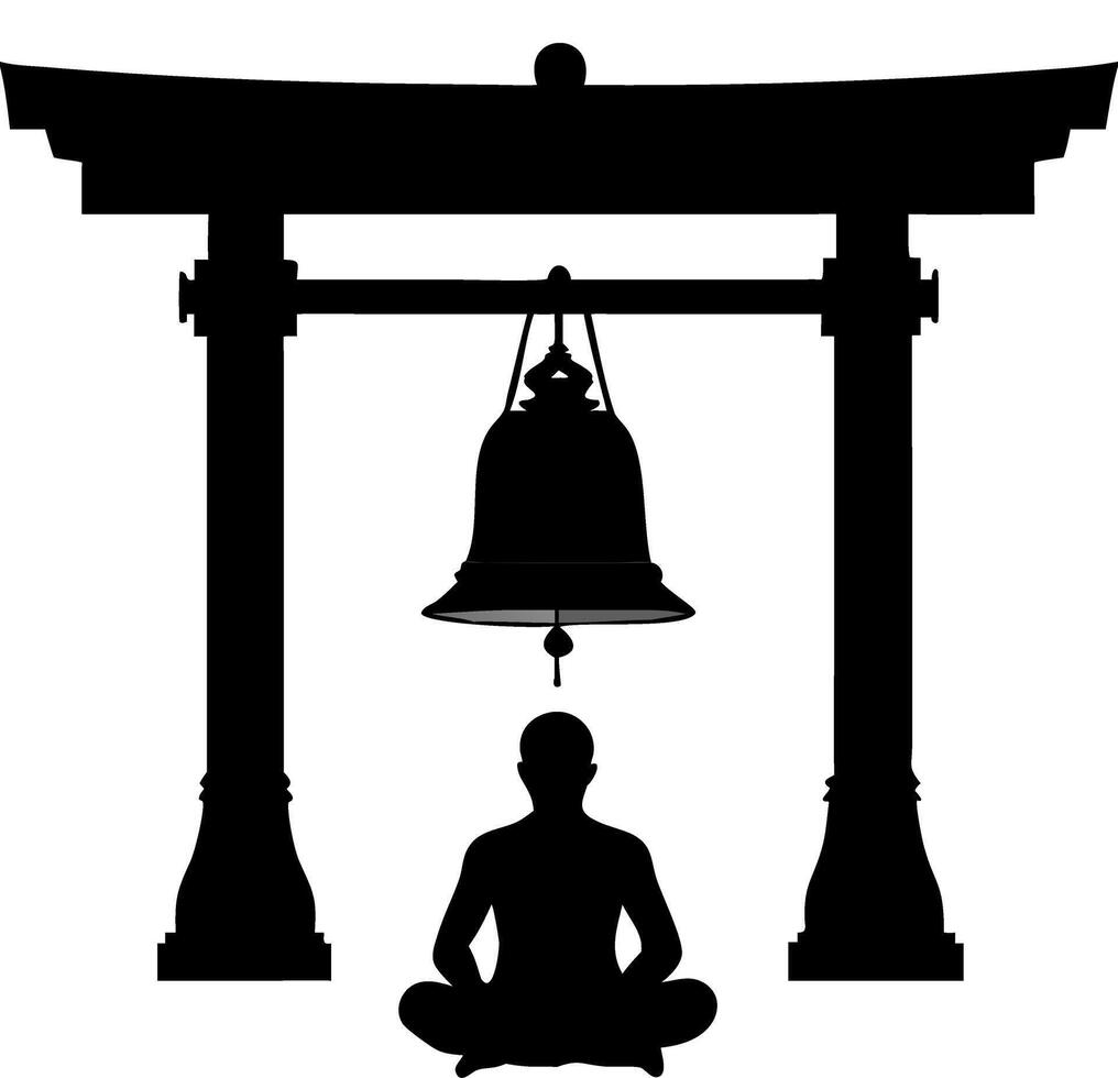 Meditation Silhouette Under Temple Gate and Bell for Spiritual Design vector
