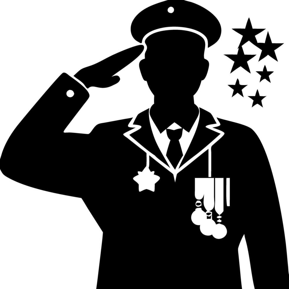 Military Officer Saluting Silhouette with Medals and Stars Illustration vector