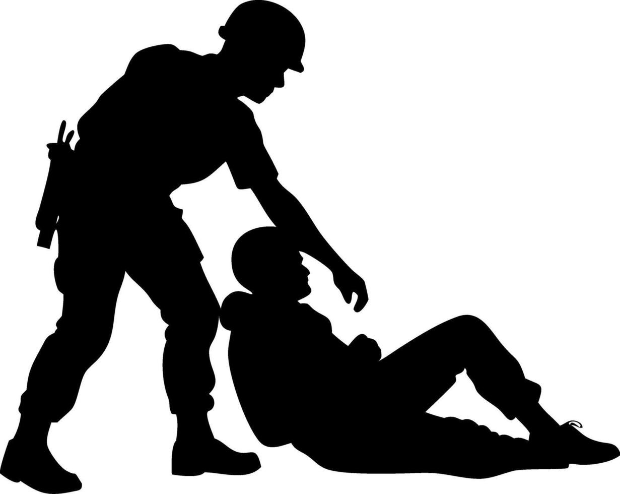 Military Soldier Helping Injured Person Silhouette for Safety Training vector