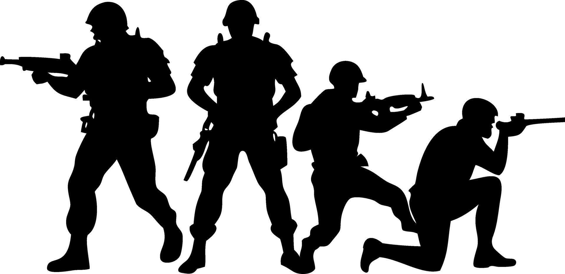 Military Soldier Silhouettes Posing with Rifles for Tactical Design and Illustration vector