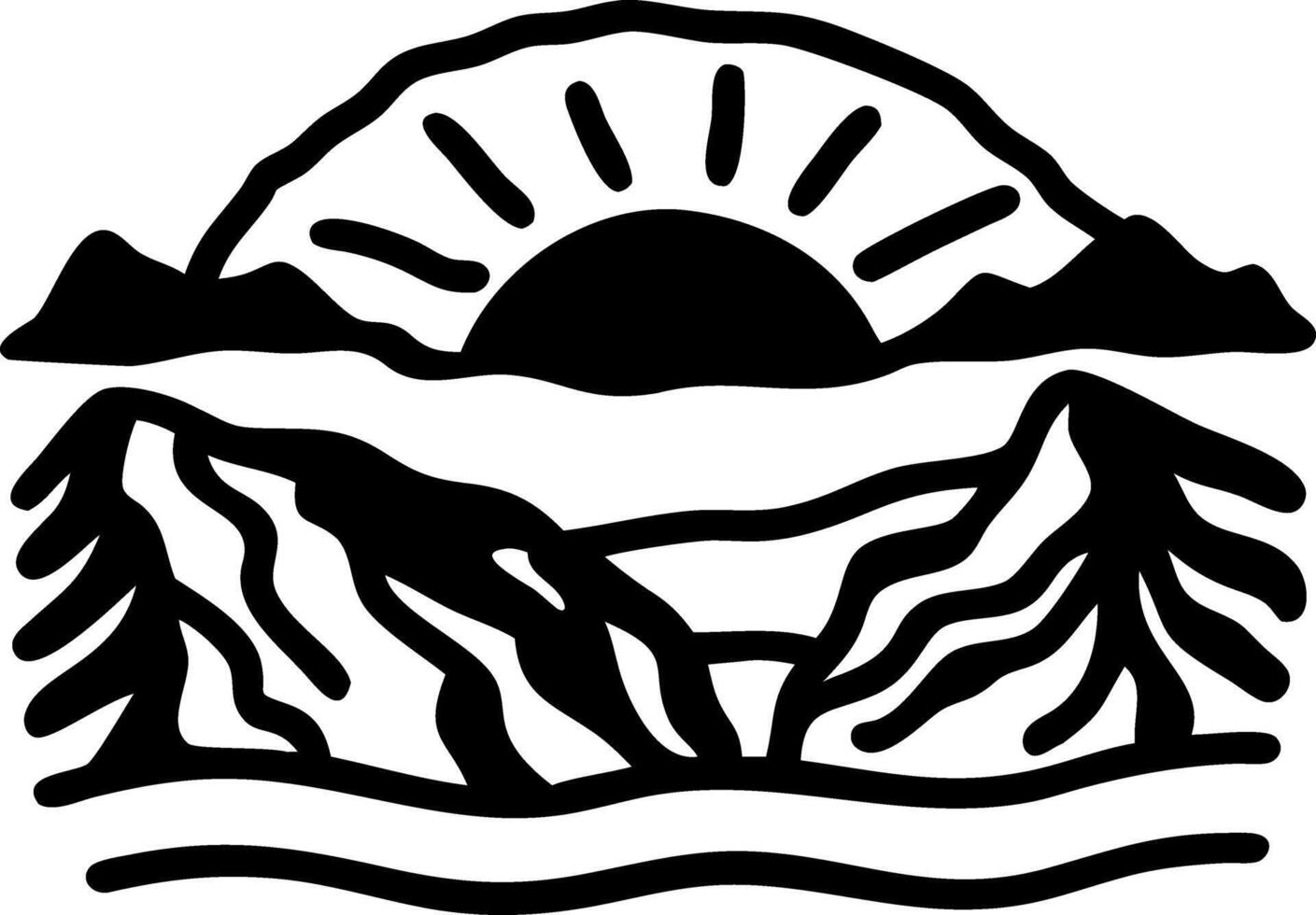 Minimalist Mountain Sunrise Landscape for Tattoo and Graphic Design vector