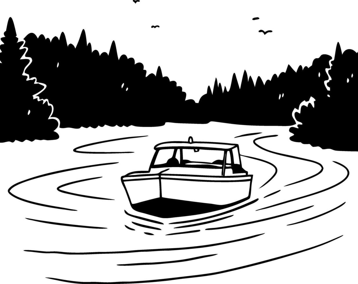 Motorboat Cruising Through Serene River Surrounded by Forest vector