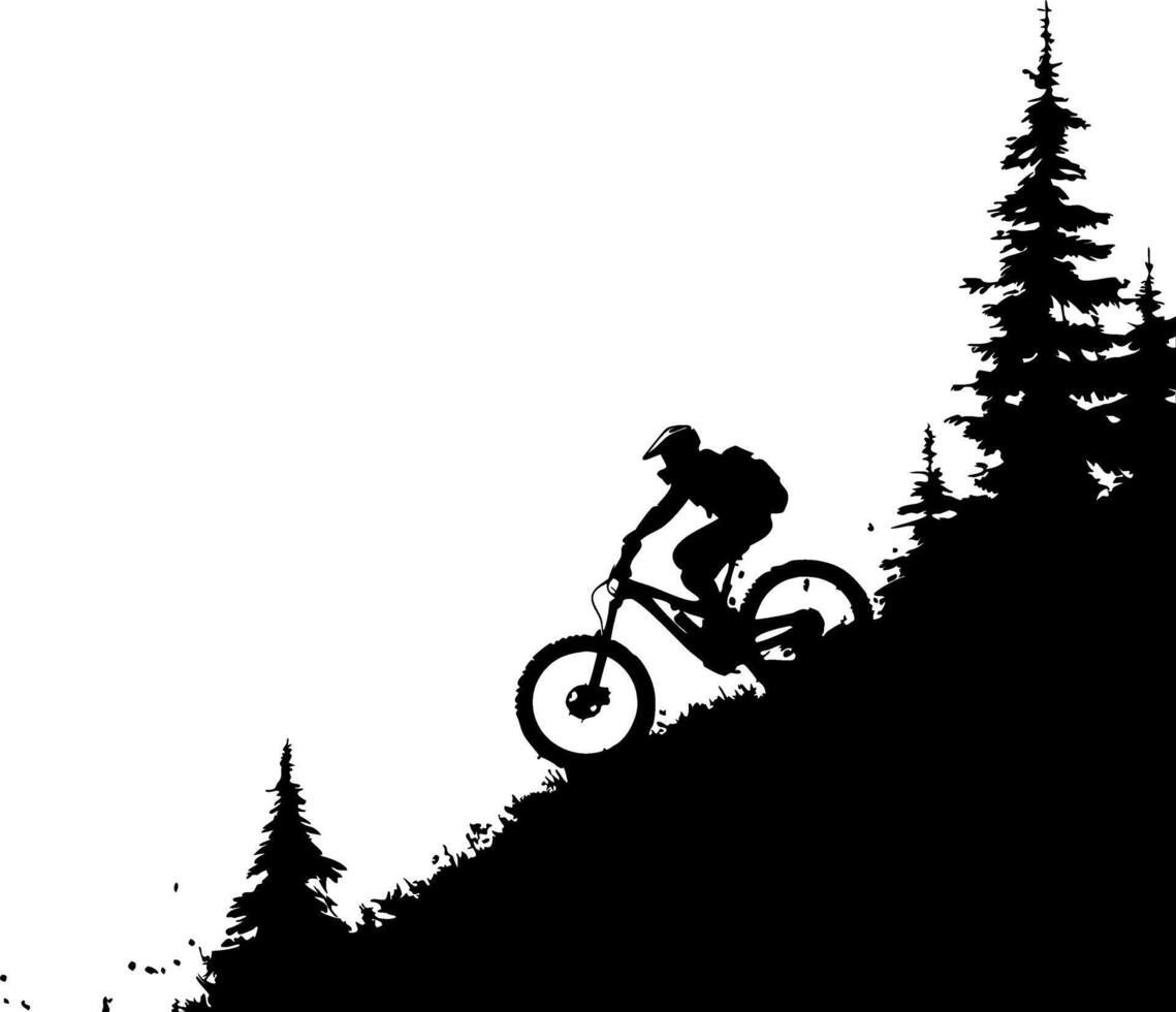 Mountain Biker Silhouette on Steep Forest Trail Adventure Art vector