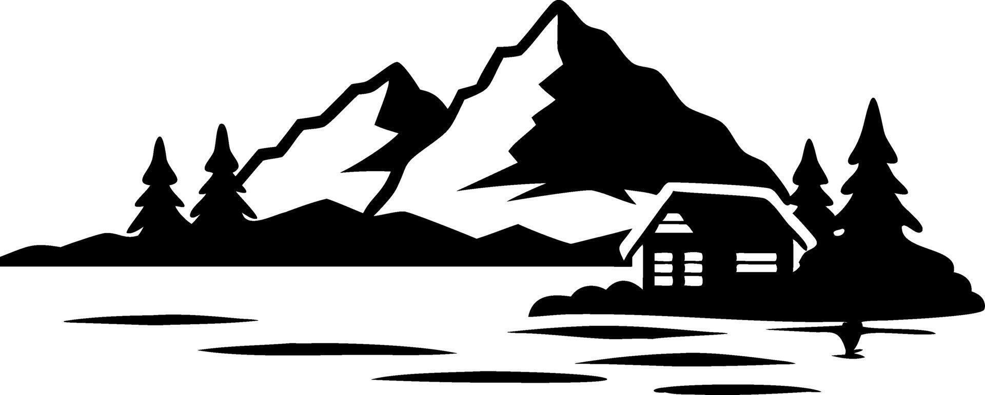 Mountain Cabin Lake Scene Silhouette for Outdoor Themed Decor and Design vector