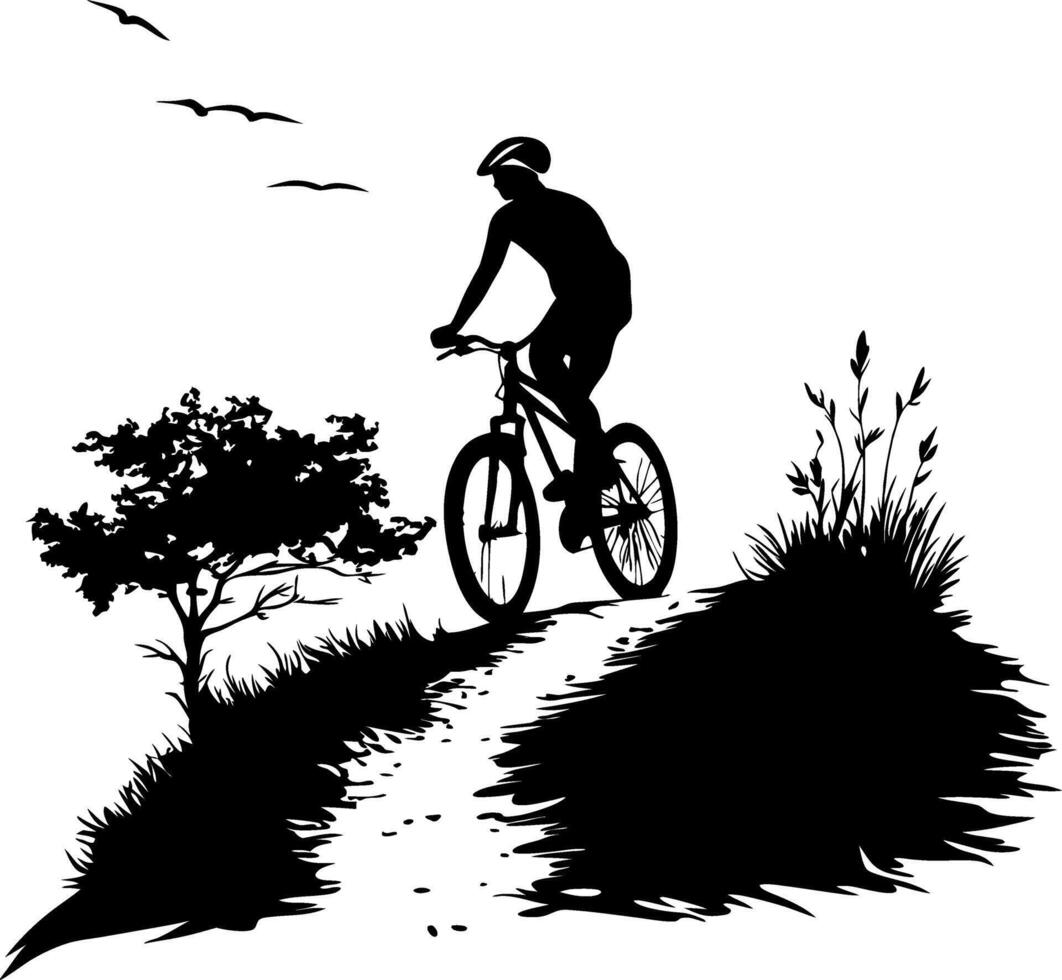 Mountain Biker Silhouette on Scenic Trail with Birds and Trees for Outdoor Design vector