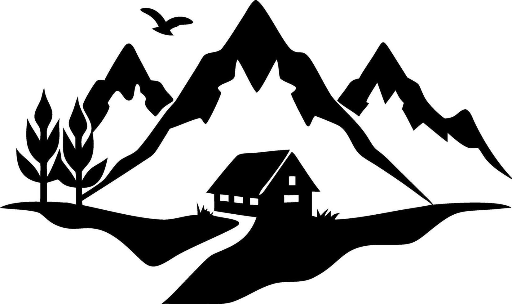 Mountain Cabin Silhouette with Trees and Bird Art for Illustrations and Decor vector
