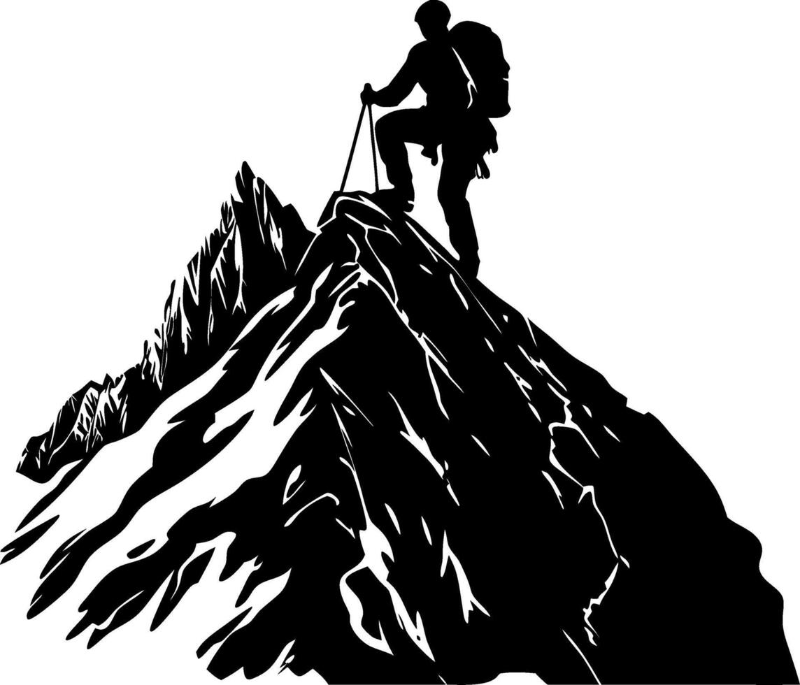 Mountain Climber Silhouette Standing On Summit Adventure Art vector