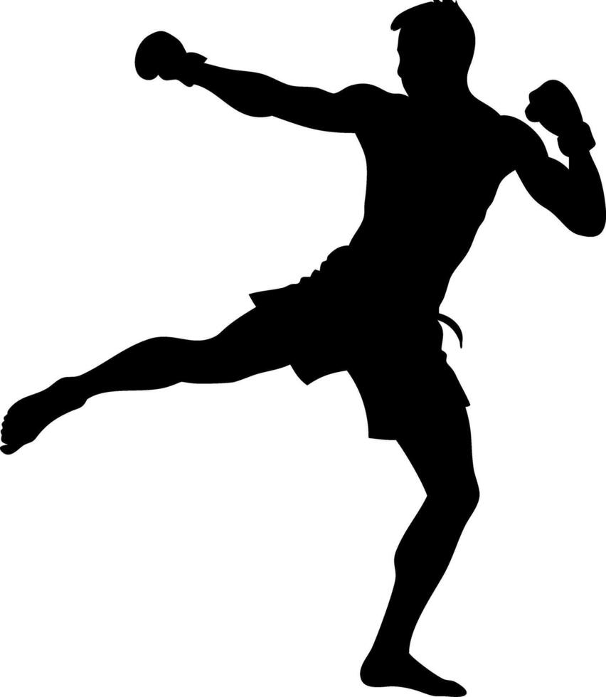 Muay Thai Fighter Silhouette Performing High Kick for Martial Arts Design vector
