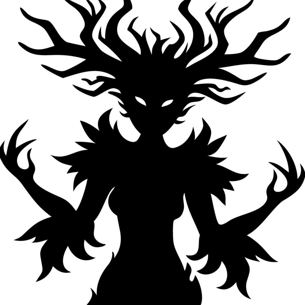 Mysterious Antlered Forest Spirit Silhouette for Fantasy Illustration and Tattoo Design vector