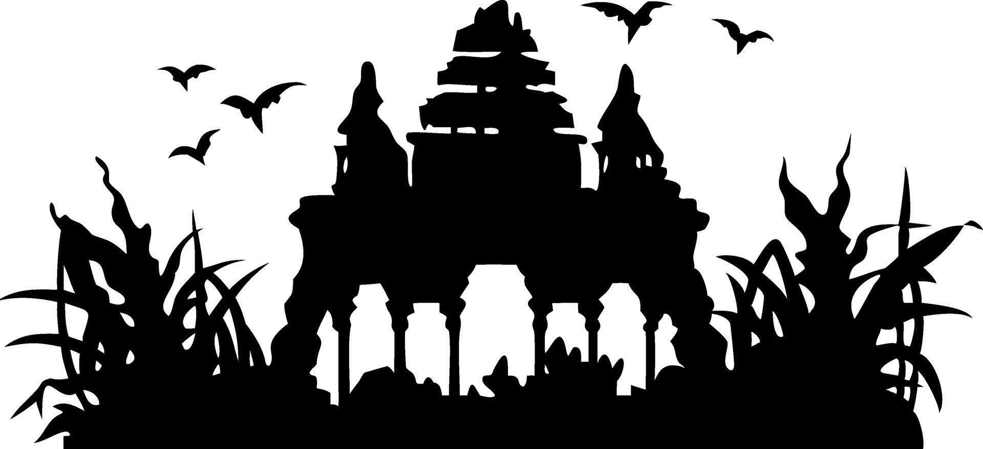 Mysterious Ancient Temple Silhouette with Birds and Vegetation Art vector